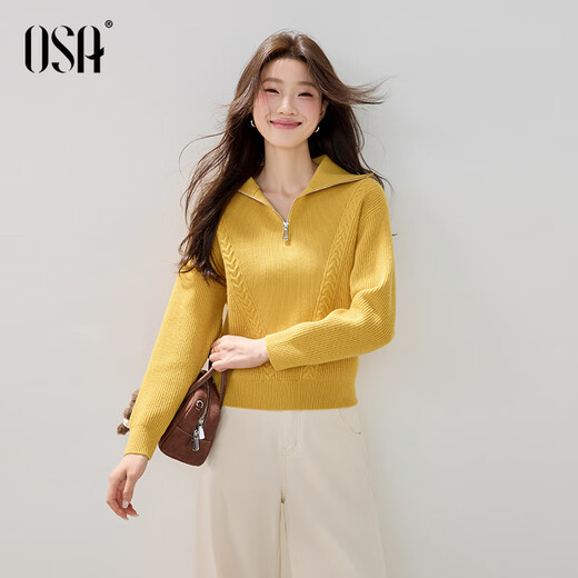 Osha Nuanyang Knitted Navy Neck Sweater Women's Winter New Lazy Retro Cable Sweater Top Yellow S