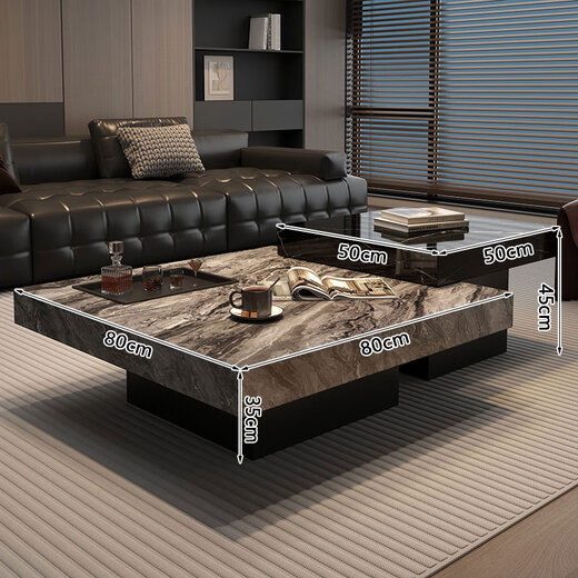 Qingzi Yu Italian minimalist slate coffee table square suspended home modern simple living room color matching high and low side table combination 80cm Venetian Brown + 50cm Knight Black Tea Tray Style