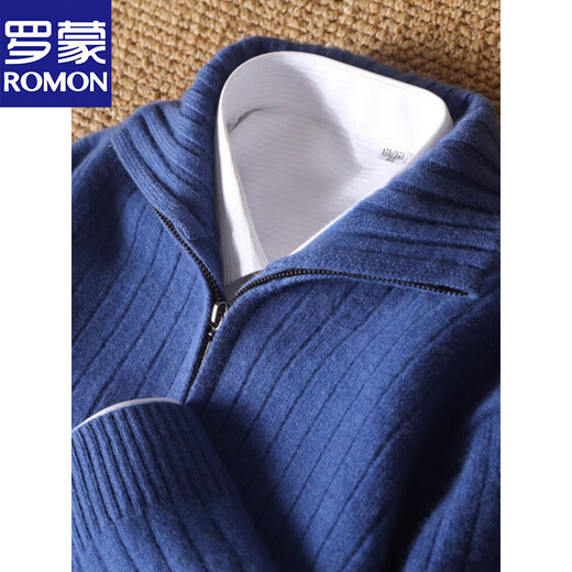 Romon 100% pure wool sweater men's turtleneck thickened zipper solid color sweater velvet business casual wool sweater jacket blue XL 150-170Jin Jin equals 0.5 kg