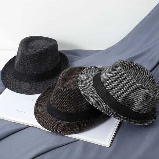 Qisman top hat for middle-aged and elderly men, autumn and winter British jazz hat, middle-aged gentleman hat, black small top hat, men's top hat, woolen black and gray, M size 56-58cm