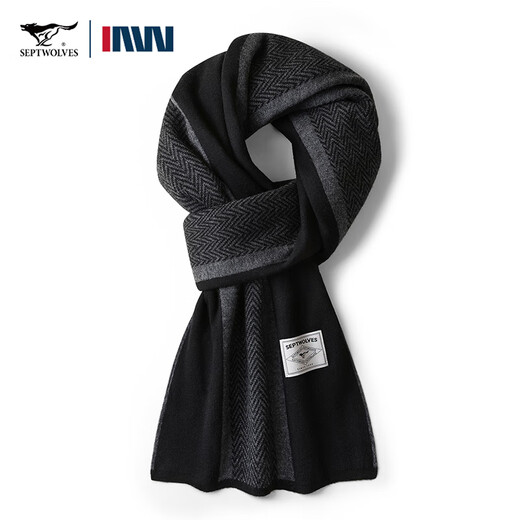 SEPTWOLVES 100% wool scarf for men, winter warm long high-end scarf for boyfriend, dad and elders gift box, soft light, dark black and gray, 180*30CM, exquisite gift box + ghostwritten greeting card