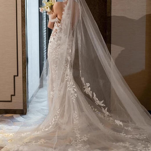 
Luxury brand heavy industry lace wedding veil extra large tailed bride wedding marriage certificate long headdress white 1.5 meters wide 3 meters long_hair comb model M 175c or above