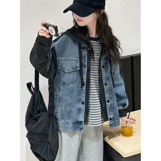 Burwilde international brand girls' denim jacket Korean style spring and autumn 2025 new style for middle-aged and older girls with style and personality hooded blue (jacket) 120 cm