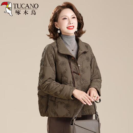 Woodpecker Mother Autumn and Winter Plush Cotton Jacket Western Style Cotton Jacket 2025 New Middle-aged and Elderly Women's Winter Down Cotton Jacket Coffee Green (Top) Winter Style, Velvet Inside 3XL (Recommended 125~137 Jin Jin equals 0.5 kg)