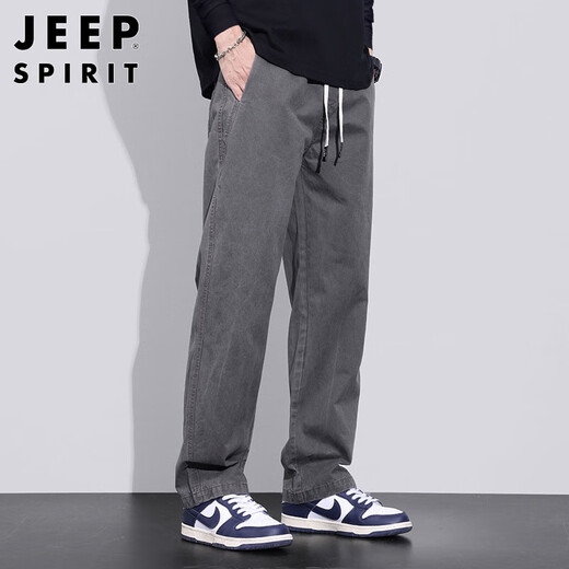 JEEP SPIRIT Jeep pure cotton casual pants men's autumn and winter loose straight pants men's workwear wide-leg pants gray L