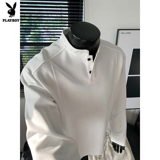 Playboy right shoulder sweatshirt cleanfit high-end pure white henley collar long-sleeved t-shirt men's autumn American style bottoming shirt white custom style M
