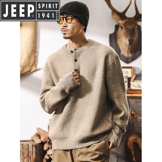 JEEP SPIRIT American retro 630g heavyweight sheep sweater men's winter Henry collar sweater thickened sweater jacket autumn and winter Khaki 630g heavyweight M suitable for 100-125Jin Jin equals 0.5 kg