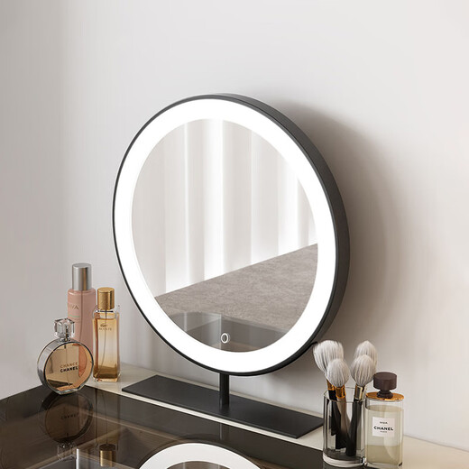 Cosmetic Mirror LED Rechargeable Large Round Mirror Bedroom Simple Smart Cosmetic Mirror with Light Light Luxurious Desktop Mirror Cosmetic Mirror Deep Black 40CM Plug-in Fixed Model