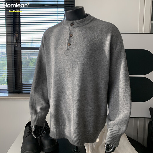 Homlean old money Henry collar knitted sweater men's advanced lazy style casual all-match top autumn HC19 dark gray L
