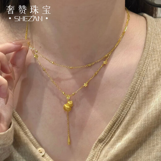 Shezan 999 Pure Gold Fulu Shenghua Gold Necklace for Women Gold Gourd Water Drop Tassel Pendant Double Layer Bead Set Chain Necklace Pure Gold The gold weight is about 12.5g. If the weight is more, the less will be added.