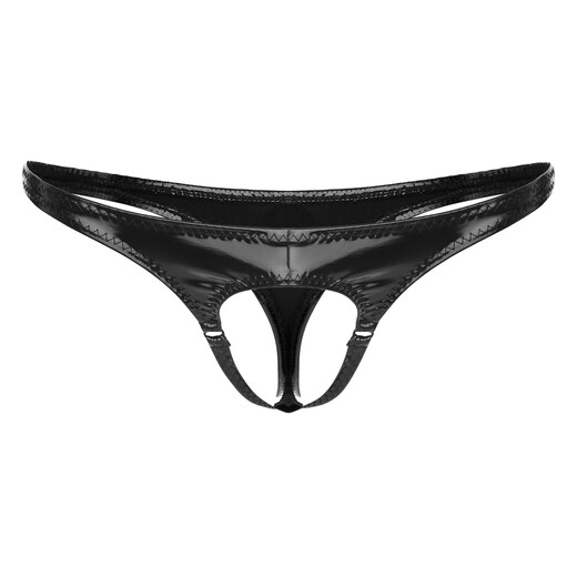 PYONGRAINS men's front hollow underwear sexy bright leather men's thong iron ring mid-low waist T-line underwear black sub-size S
