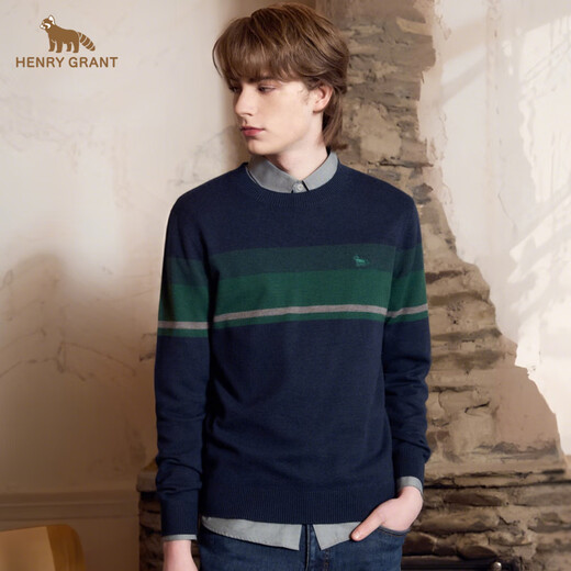 HENRY GRANT Henry Grant Men's Shirt Round Neck Standard Knitted Pullover Thick Regular Stripe Contrast Color Autumn and Winter Navy (QBY243040U111) One Size 46 (170/92A)