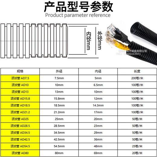 ZNMW black open plastic corrugated pipe hose threaded pipe protective sleeve household waterproof gas stove water heater AD7.5 opening