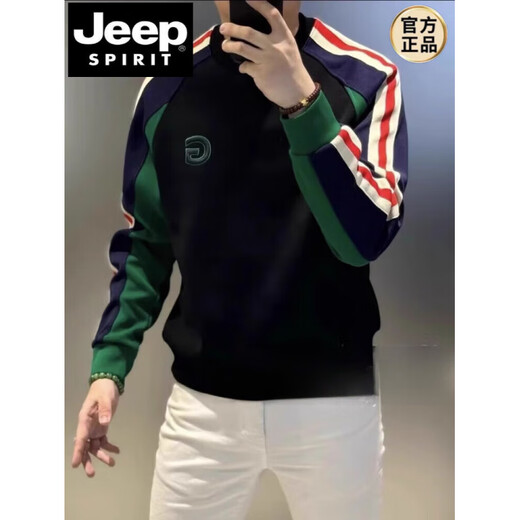 JEEP SPIRIT Jeep European trendy striped contrasting color round neck sweatshirt men's autumn and winter fashion casual versatile slim pullover black XL