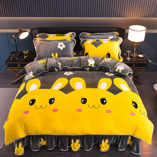 Fantasy winter thickened milk velvet four-piece set coral velvet new double-sided flannel bedding quilt cover bed skirt cute rabbit yellow b type A, suitable for infants bed sheet style 1.5m bed four-piece set quilt cover 180x220cm