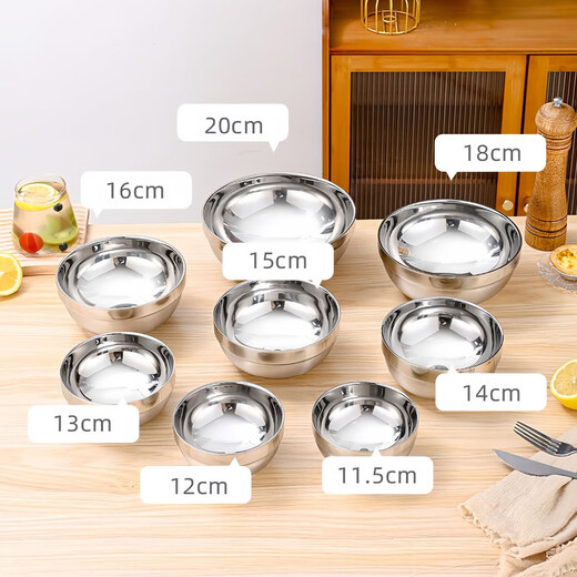 Extra thick double-layered bowl, heat-insulated and anti-scalding stainless steel bowl, household commercial-grade canteen adult instant noodle bowl, children's bowl, double-layered platinum bowl 18cm