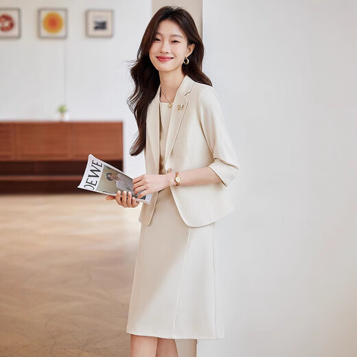 Mid-sleeve suit jacket for women spring and summer 2026 new small high-end dress suit suit two-piece off-white three-quarter sleeve suit + dress XL