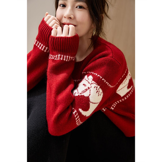 Demana Mengma Shenghua winter warm velvet yarn sweater round neck contrast color jacquard slightly loose women's sweater