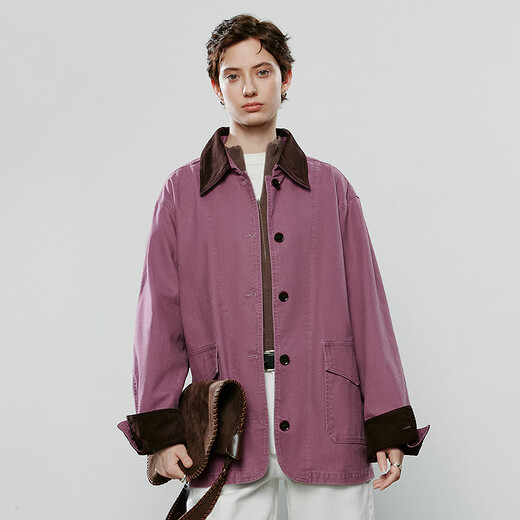 Chuyu Jacket Women's 2025 Winter New Mid-Length Raspberry Pink Cotton Retro Workwear Style Contrast Color Splicing Top Raspberry Pink M