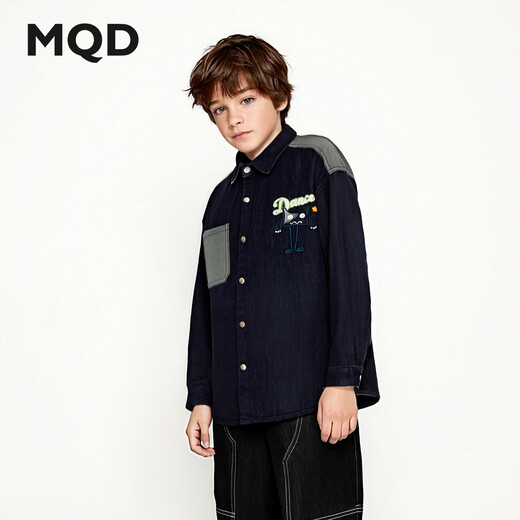 MQD children's clothing boys' lapel denim shirt winter new children's spliced long-sleeved embroidered loose jacket dark denim blue 120