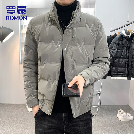 ROMON Down Jacket Men's Winter Stand Collar Jacket Men's Warm Bread Jacket Cold Casual Top Bean Green XL