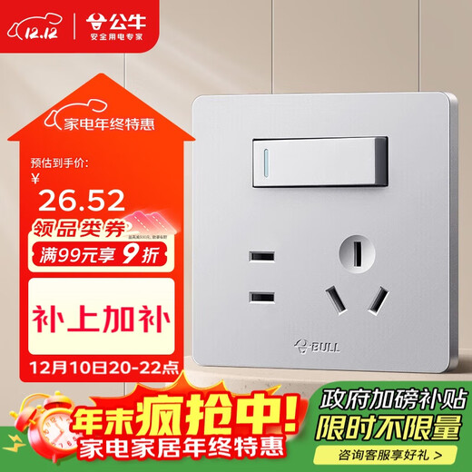 BULL switch socket G12 series one-open dual-control five-hole socket 86 type panel G12E334S cream style space silver