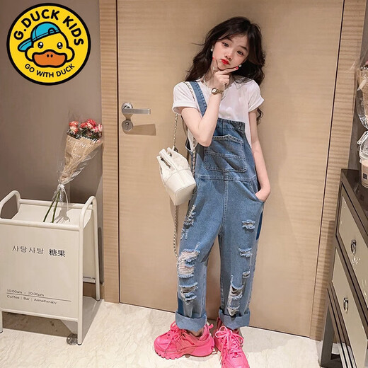 迪士尼（Disney）女童背带裤套装洋气春夏装中大童牛仔背带裤女孩子夏装短袖两件套 黑色T恤+背带裤套装 150