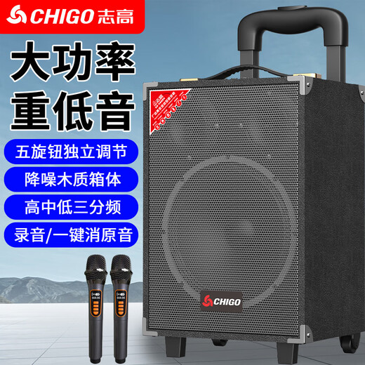 CHIGO Trolley Square Dance Audio Outdoor Karaoke Bluetooth Speaker Special Large Volume Mobile Stage High-Power Stall Heavy Bass High-end Home Mobile Portable Amplifier 8-inch Wooden Box (15-inch Combination Speaker) + Dual Charging Microphones + U Disk