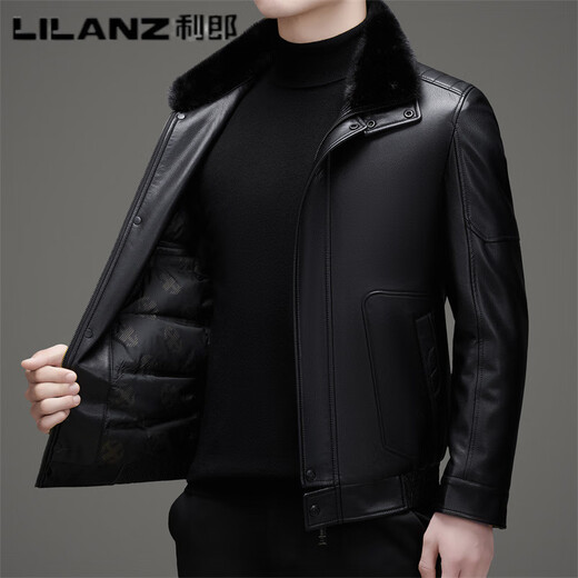 LILANZ利郎冬装男士皮衣外套休闲水貂毛可拆卸保暖皮羽绒服爸爸装男 黑色 M 170
