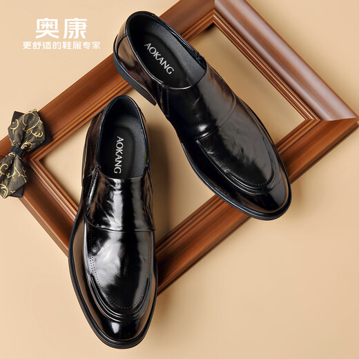 Aokang men's shoes autumn genuine leather top layer cowhide business formal casual leather shoes men's derby commuting shoes groom's wedding shoes 1255211096R style black 41 (255mm)