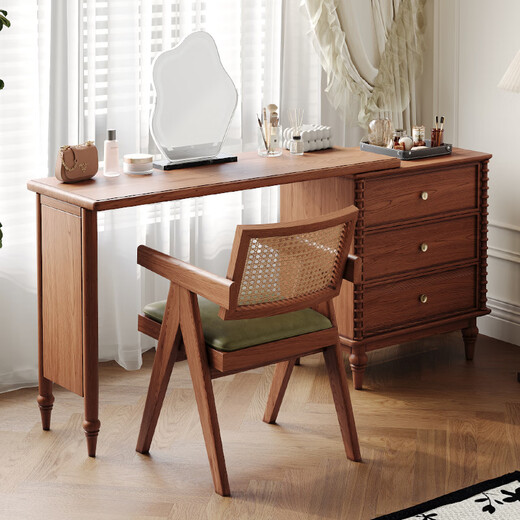 Gujia Imperial style solid wood dresser, one-piece retractable mid-century style storage cabinet, French style bedroom, small apartment, corner makeup, retractable table + three drawers dresser + makeup stool