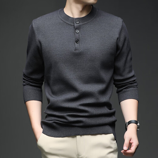 丨Lilang丨Men's cardigan Henry collar cardigan autumn and winter thickened casual men's round neck sweater sweater black M 165 (100-120Jin Jin equals 0.5 kg)