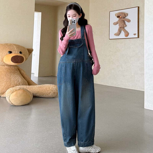 Ailanting's new autumn and winter pure cotton denim overalls for pregnant women, loose wide-leg overalls, slimming knitted V-neck tops, 2 sets, blue single-piece overalls L recommended 115-130 Jin Jin equals 0.5 kg