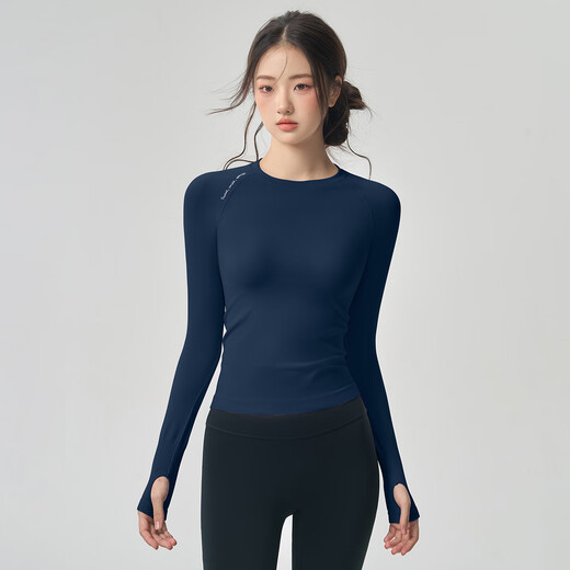 LULULMCCTN tight slimming yoga top for women autumn nude sports T-shirt long-sleeved Pilates training fitness wear dark blue S