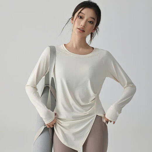 Yoga clothing top women's new blouse quick-drying long-sleeved sports T-shirt loose running training Pilates fitness clothing milk white S S