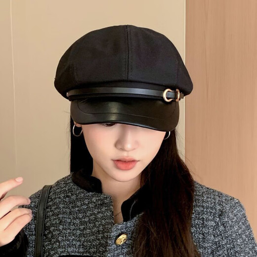 Jin Jin is equal to 0.5 kg Mu Beret Women's 2025 Autumn and Winter New Japanese Retro Newsboy Hat Versatile Big Head Circumference Painter Octagonal Navy Hat Black One Size Brim Leather