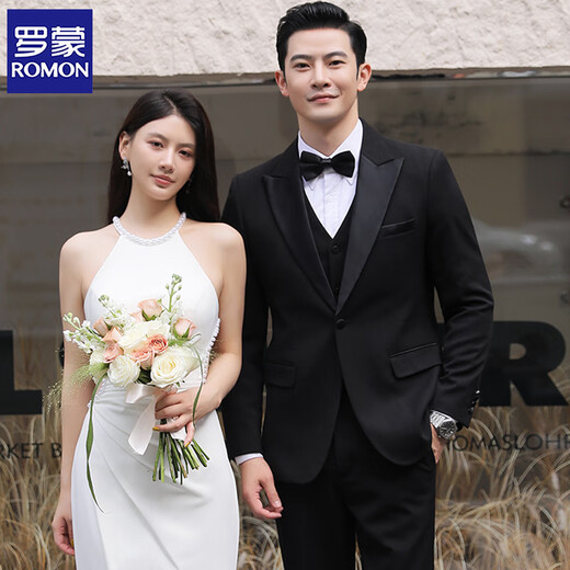 ROMON Groom Wedding Wool Suit Men's Korean Slim Business Formal Tuxedo Banquet Evening Suit Black Suit Jacket+Pants+Vest+White Shirt Free Tie 2XL Recommended 135-150Jin Jin is equal to 0.5 kg
