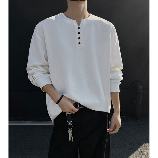 Jingyan selects waffle henley collar T-shirt bottoming shirt for men in spring and autumn trendy brand cleanf long-sleeved white black upgraded model M M95 to 115Jin Jin is equal to 0.5 kg and can be worn
