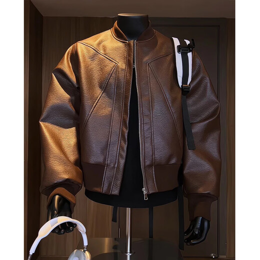 Jufeng American deconstructed short leather jacket men's high-end handsome motorcycle baseball uniform trendy brand workwear bomber jacket black quality upgrade 3XL 170-190Jin Jin equals 0.5 kg can be worn
