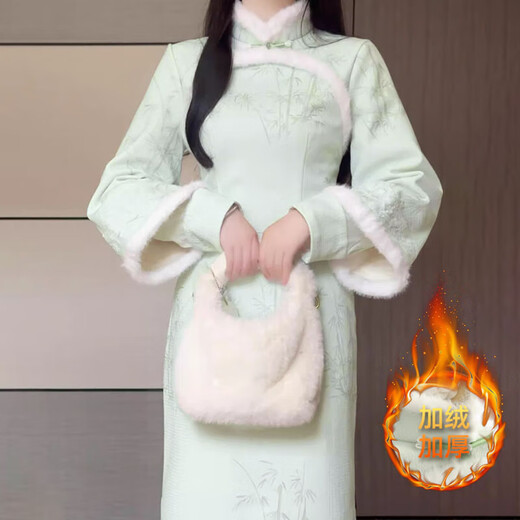 Green plush collar, ladylike style with inverted large sleeves, improved cheongsam for girls, retro Republic of China style dress that can be worn daily, green L (105-115Jin Jin is equal to 0.5kg)