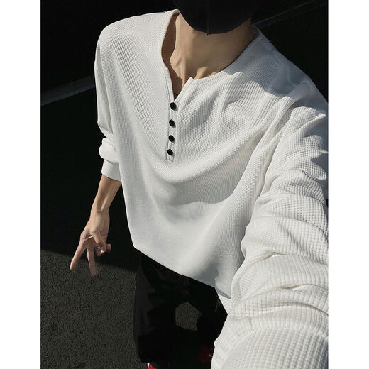 Jingyan selects waffle henley collar T-shirt bottoming shirt for men in spring and autumn trendy brand cleanf long-sleeved white black upgraded model M M95 to 115Jin Jin is equal to 0.5 kg and can be worn