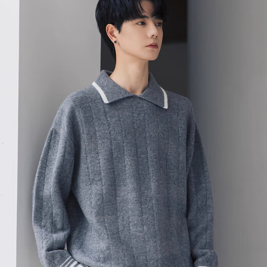 COMOKD COMOKD Autumn and Winter American Henry Collar Sweater Men's Casual Lazy Style Knitted Sweater Loose, Comfortable, Fashionable and Trendy Inner Top Medium Gray XL