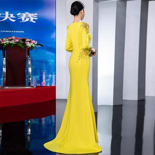 Banquet Evening Dress 2025 New High-end Light Luxury Niche Host Temperament Performance Clothes Long Version Women Yellow 3XL 3XL