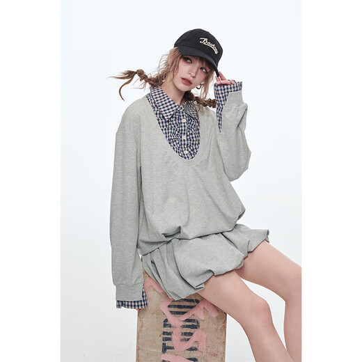 Fairy's pocket plaid splicing sweatshirt two-piece set for women 25 spring new urban sports suit simple beige S