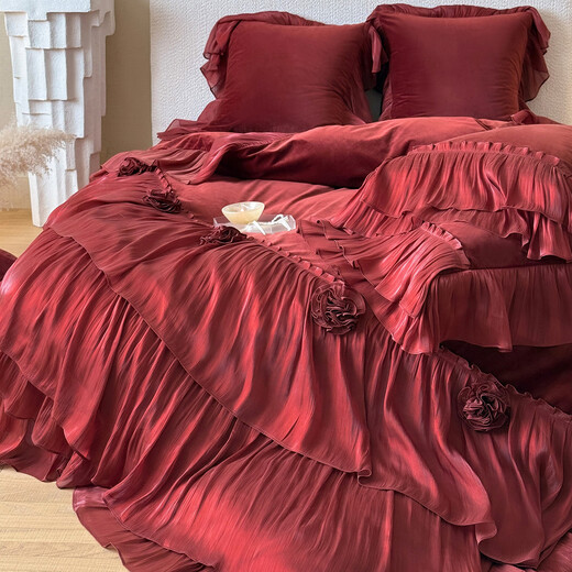 Fantasy wedding four-piece milk velvet festive quilt cover big red baby velvet bed sheet bed cover dowry rose melody-red bed sheet 1.8m bed sheet four-piece set quilt cover 200x230