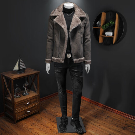 Yu Mengxindi frosted suede leather jacket for men 2025 winter fur integrated trendy plus velvet thickened suede motorcycle jacket heavy industry cotton cocoa color XL 140-160Jin Jin is equal to 0.5 kg
