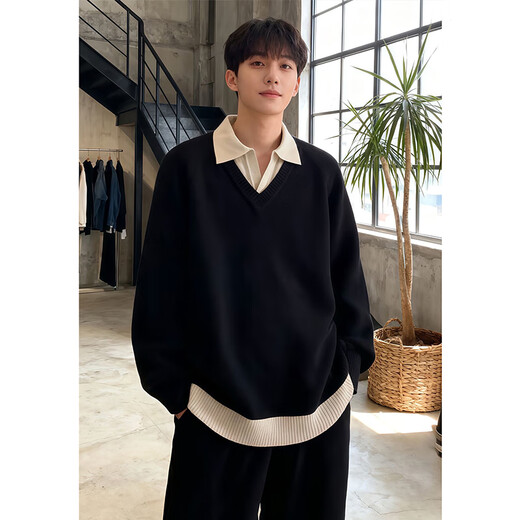 NYING fake two-piece Henry collar sweater for men in autumn and winter new trendy brand lapel sweater thickened warm inner base layer black XL (125-140Jin Jin equals 0.5kg)