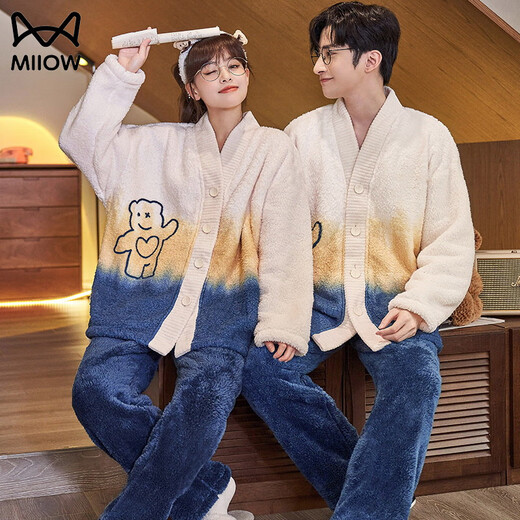 MiiOW couple pajamas autumn and winter style coral velvet V-neck cardigan for men and women thickened velvet flannel home wear set female B6119 male B6120 M female