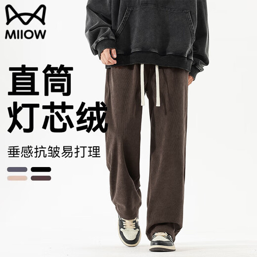 Catman wheat ear pattern plus velvet casual pants for men in spring and autumn corduroy loose straight trousers drapey anti-wrinkle wide leg sports pants ergonomic pants apricot spring style no ironing easy to take care of L height 165-178 weight 125-135