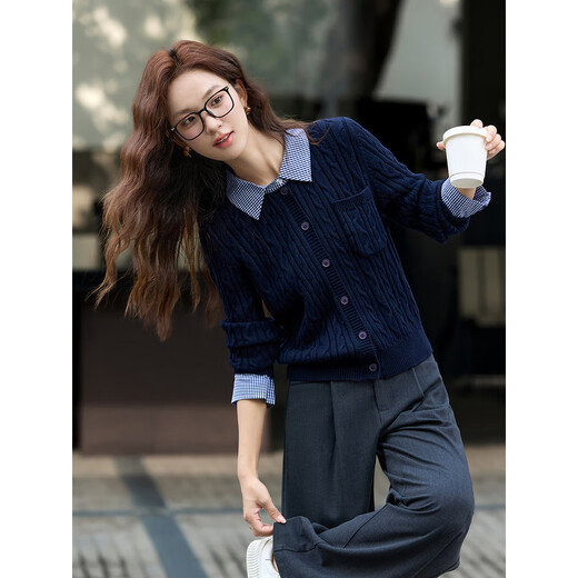 Fanximan navy blue fake two-piece knitted cardigan for women 25 years new winter contrast plaid lapel twist sweater 75265 navy S (recommended 90-100Jin Jin equals 0.5 kg)